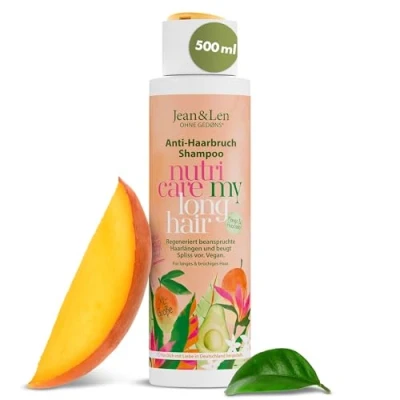 Abbildung von Jean &amp; Len Shampoo Anti Haarbruch Mango Avocado, für langes brüchiges Haar, regeneriert beanspruchte Haarlängen und beugt Spliss vor, fruchtiger Duft, ohne Silikone Parabene, vegan, 500 ml