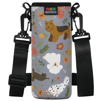 Abbildung von Nuovoware Trinkflaschenhalter, 750ml Premium Neopren Tragbare Isolierte Trinkflaschenhalter Tasche mit Verstellbarem Schultergurt, Edelstahl, Glas / Plastikflaschen, Großformat, Grau Welpe
