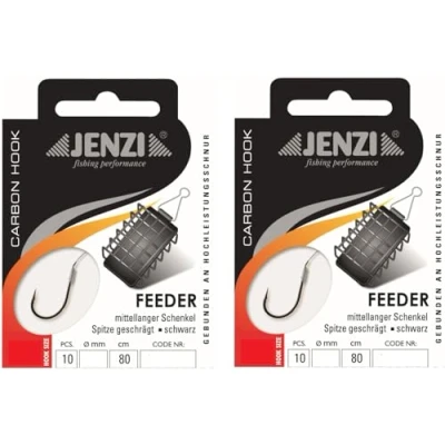 Abbildung von Set: 2 Packungen gebundene Feeder Haken von Jenzi, Method (20 Stück) an Mono Schnur Vorfach fertig + gratis Petri heil! Aufkleber. (Hakengröße # 8)