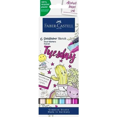 Abbildung von Faber Castell 164811 Goldfaber Sketch Marker Kawaii, 6er Etui Alkohol mit Brush Spitze und Fineliner