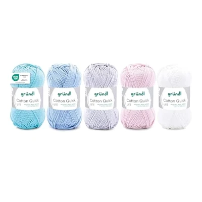 Abbildung von Gründl Wolle Cotton Quick uni Garn zum Stricken und Häkeln aus 100% Baumwolle, 5 Knäuel 50 g / 125 m, Häkelgarn/Strickgarn/Baumwollgarn, Pastell Mix