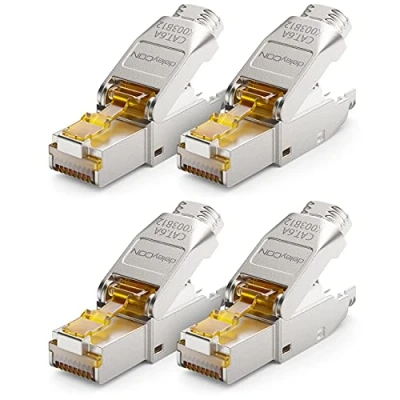 Abbildung von deleyCON 4x CAT 6a Netzwerkstecker RJ45 Werkzeuglos Geschirmt 10 Gbit/s Netzwerk Stecker für Starre Verlegekabel Rohkabel Steckverbinder Ethernet LAN DSL Patchkabel
