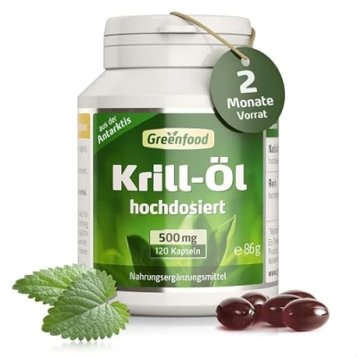 Abbildung von Greenfood Krill Öl, 500 mg, 120 Kapseln, hochdosiert reich an EPA und DHA für Herz, Sehkraft Gehirn. Ohne künstliche Zusätze. Gentechnik. Softgel Kapseln.