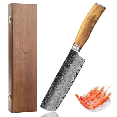 Abbildung von Wakoli Olive HS Damastmesser Nakiri Messer 17 cm Klinge gefertigt aus 67 Lagen echtem Damaststahl mit edlem Olivenholzgriff und Hammerschlag I Premium Küchenmesser in edler Holzbox