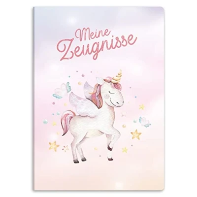 Abbildung von itenga Zeugnismappe mit Motiv DIN A4 stabile Dokumentenmappe Sichtbuch für Zeugnisse 20 Hüllen Kinder Jugendliche Schüler Mädchen Jungen (Motiv Einhorn Wasserfarben)