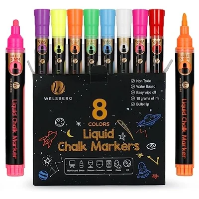 Abbildung von welsberg flüssige Kreidestifte Tafelstifte 5mm Spitze, 8er Packung Kreidemarker für Tafel, Whiteboard, Fenster, Glas löschbare 10 Gramm Jumbo Tinte