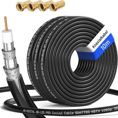 Abbildung von HB DIGITAL 10m Koaxialkabel HQ 135 Antennenkabel 135dB SAT Kabel 8K 4K UHD 4 Fach geschirmt für DVB S / S2 C C2 T T2 DAB+ Radio BK Anlagen + F Stecker GRATIS