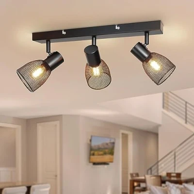 Abbildung von Dehobo Deckenstrahler Led Schwenkbar, Deckenlampe Schwarz E14 Vintage 3 Flammig Drehbar mit Metallgitterschirm, Strahler Deckenleuchte für Küche Schlafzimmer Flur, Ohne Glühbirnen