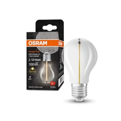 Abbildung von OSRAM Vintage 1906 Classic A FIL LED Lampe, E27, klassische Kolbenform, klar, 1,8W, 100lm, 2700K, warmweißes Licht, sehr geringer Energieverbrauch, lange Lebensdauer, magnetisches Filament