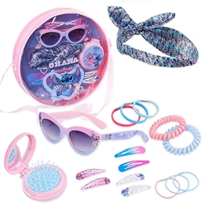 Abbildung von Disney Handtasche Mädchen mit Haarreif, UV Sonnenbrille &amp; Haaraccessoires, Schultertasche Set Geschenke für (Rosa/Blau Stitch)
