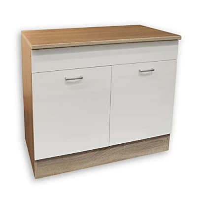 Abbildung von Stella Trading Moderner Spülenunterschrank Küche in Eiche Sonoma Optik, Weiß matt Geräumiger Küchenschrank mit viel Stauraum 100 x 90 60 cm (B/H/T)