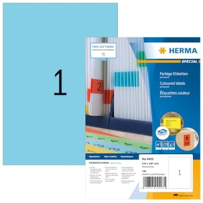 Abbildung von HERMA 4403 Farbige Etiketten blau, 100 Blatt, 210 x 297 mm, 1 pro A4 Bogen, Stück, selbstklebend, bedruckbar, matt, blanko Papier Farbetiketten Aufkleber