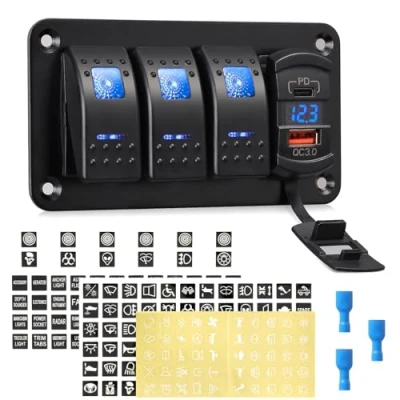 Abbildung von Rupse 12V/24V Schalter Panel, 3 Kippschalter EIN/AUS Aluminium Panel mit PD TYPE C,QC 3.0 USB Ladebuchse und LED Voltmeter Display,IP65 Wasserdichte für Auto, LKW, Boot, Wohnmobil