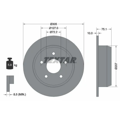Abbildung von TEXTAR 92113700 Bremsscheibe 305 10 05/05 127 voll ohne Radlager, Radbefestigungsbolzen, Radnabe JEEP: GRAND Cherokee 2, II