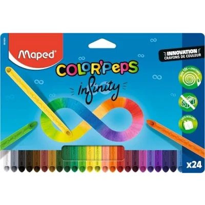 Abbildung von Maped Buntstifte Color&#039;Peps Infinity 100% Mine, verwendbar kein Abfall ohne Anspitzung sehr lange haltbar ergonomische dreieckige Form Packung mit 24 Bleistiften