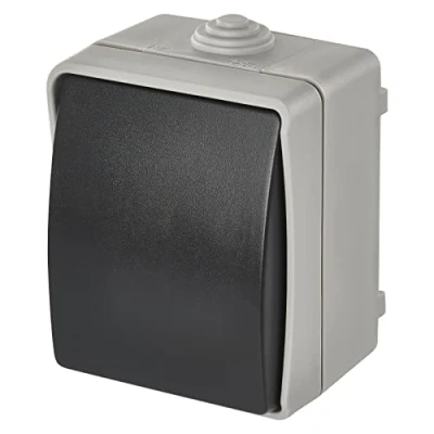 Abbildung von EMOS wasserdichter Klingelschalter mit Wippe, grau schwarze Farbe, 250 V /10 AX, Kunststoff, Aufputz zur Wandmontage, Schutzklasse IP54 für Außen