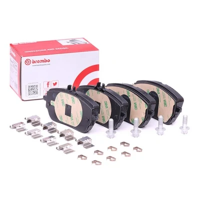 Abbildung von BREMBO P 50 146 Bremsbelagsatz für Verschleißwarnanzeiger vorbereitet mit Bremssattelschrauben, Anti Quietsch Blech Zubehör