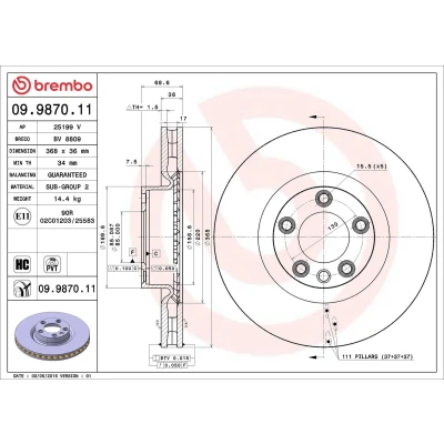 Abbildung von BREMBO COATED DISC LINE 09.9870.11 Bremsscheibe 368 36 5 innenbelüftet beschichtet hochgekohlt VOLKSWAGEN: Touareg I, PORSCHE: Cayenne