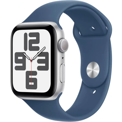 Abbildung von Apple Watch SE 2024 44mm Silber (Blaues Silikon Armband S/M)