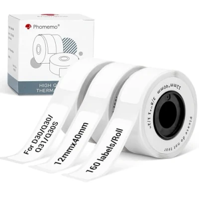 Abbildung von Phomemo Etiketten Weiß für D30 Etikettendrucker, Thermo Kompatibel mit Colorwing Q30,Phomemo Q31/Q30/Q30S Beschriftungsgerät,12mmx40mm Schriftband 160 Etiketten/Rolle,3 Rollen