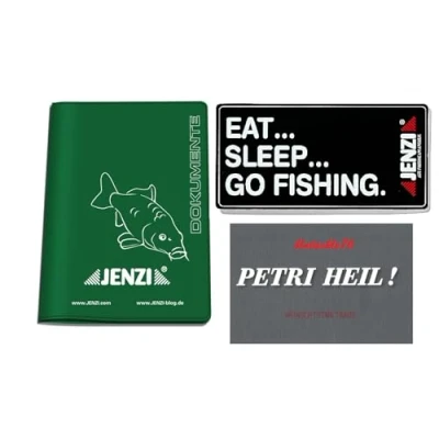 Abbildung von blntackle76 Set Fischereischein Ausweismappe grün aus PVC, Hülle von Jenzi Dokumenten Tasche für Angelschein, Angelkarten und Mitgliederausweise + gratis Petri Heil! &amp; eat Sleep go Fishing Aufkleber