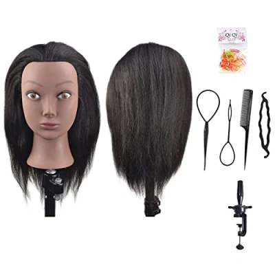 Abbildung von Afro Mannequin Kopf aus 100% Echthaar, Friseur Trainingskopf für Kosmetologie, Puppenkopf (Tischklemme im Lieferumfang enthalten)