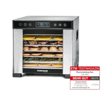 Abbildung von ROMMELSBACHER Dörrautomat DA 650, Dörrfläche 0,5 m², inkl. 7 Edelstahl Dörrtabletts, 1 Dörrgitter, Dörrunterlage, LCD Display, 99 Std. Zeitschaltuhr, Temperatur einstellbar (35 C 75 C)