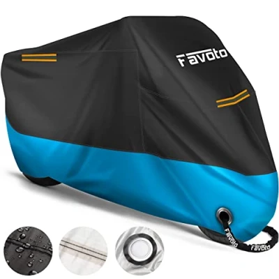 Abbildung von Favoto Verbesserte Version Motorradabdeckung Wasserdicht Motorrad Abdeckplane Outdoor Motorradgarage Motorroller Abdeckung Winterfest mit 2 Gürtelschnalle Schwarz Blau 295cmx105cmx125cm