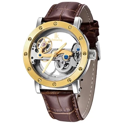 Abbildung von Alienwork IK Automatikuhr Armbanduhr Herren Damen Silber Lederarmband Braun Skelett Glasboden