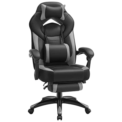 Abbildung von SONGMICS Ergonomischer Gamer Sessel, Gaming Stuhl, Bürostuhl, mit Teleskop Fußstütze, verstellbare Kopfstütze, Lendenwirbelstütze, Tragkraft 150 kg, Grau und Schwarz OBG77BG