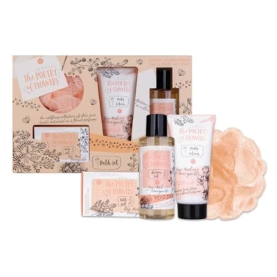 Abbildung von accentra Geschenkset Frauen POETRY OF FLOWERS 4 teilig Badeset Geschenk mit Bodylotion, Badesalz, Duschgel &amp; Netzschwamm Wellness Set für Mädchen zum Geburtstag Valentinstag