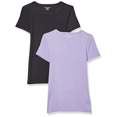 Abbildung von Amazon Essentials Damen Kurzärmeliges T Shirt mit Rundhalsausschnitt, Schmale Passform, 2er Pack, Schwarz/Lavendel, XS