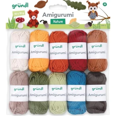 Abbildung von Gründl Wolle Amigurumi Set Mini Knäuel zum Häkeln von kleinen Figuren Häkelset aus 100 % Baumwolle Baumwollgarn 10 x g / 23 m Naturfarben