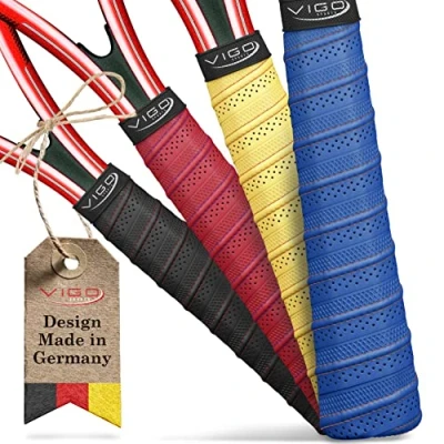 Abbildung von VIGO SPORTS selbstklebendes Griffband mit luftdurchlässiger Perforierung für idealen Grip bei schwitzenden Händen I Tennisschläger einfache Montage Tennis, Badminton und Squash