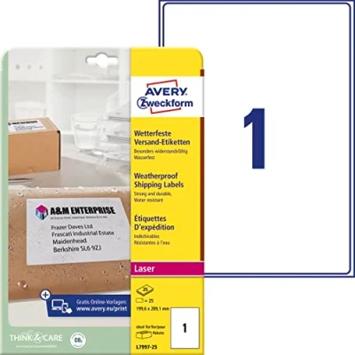 Abbildung von AVERY Zweckform L7997 25 wetterfeste Versandetiketten/ Versandaufkleber (25 Etiketten, 199,6 x 289,1mm auf DIN A4, bedruckbar, selbstklebend, für Pakete, Päckchen und Versandrollen) Blatt, weiß