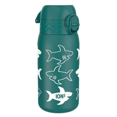 Abbildung von Ion8 Isolierte Edelstahl Trinkflasche, 320 ml, Auslaufsicher, Einhandöffnung, Sichere Verriegelung, Spülmaschinenfest, Klappdeckel, Tragegriff, Leicht zu Reinigen, Langlebig, Hai Design