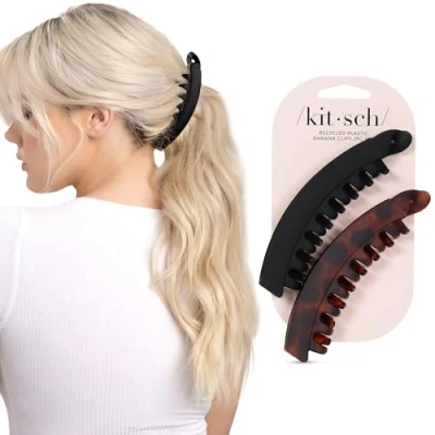 Abbildung von Kitsch Bananenhaarklammern für Frauen, große Klammern dickes Haar, süß Mädchen, dünnes oder 2 Stück (Schwarz &amp; Schildpatt), einfaches Styling.