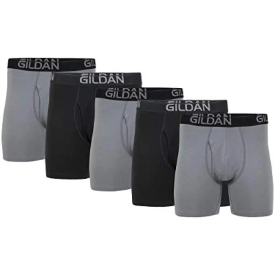 Abbildung von Gildan Herren Cotton Stretch Boxer Brief, Multipack Retroshorts, Grauer Flanell/schwarzer Ruß (5er Pack, normales Bein), X Large