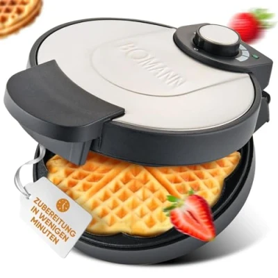 Abbildung von Bomann® Waffeleisen mit Ø 18cm antihaftbeschichteter Backfläche Herzform stufenlos einstellbaren Bräunungsgrad &amp; Backampel Waffle Maker Edelstahleinlage 1000W WA 1365 CB