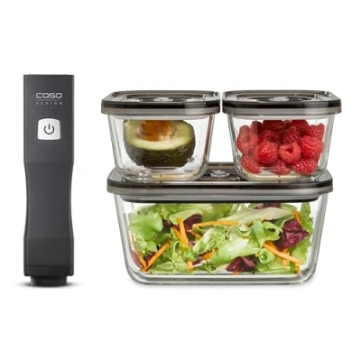 Abbildung von CASO Vacu OneTouch Eco Set, Handvakuumierer inkl. 3 Vakuumbehälter aus Glas, 10 ZIP Beutel und Food Manager Sticker, kabellos, bis zu 150 Minuten Laufzeit, aufladbar, Schwarz