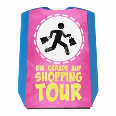 Abbildung von Bin gerade auf Shoppingtour Parkscheibe mit Eiskratzer und 2 Einkaufswagenchips für alle die gerne Einkaufen Shoppen in pink lustigem Warnmännchen Vorderseite gemäß