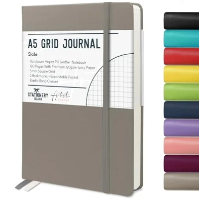 Abbildung von STATIONERY ISLAND Notizbuch a5 Kariert, Journal Hardcover mit 120 g/m² Dickem Papier, 180 Seiten Tagebuch, Notebook für Mädchen, Reisetagebuch, Planen, Lernen, Grau