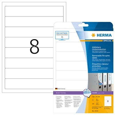 Abbildung von HERMA 10150 Ordnerrücken Etiketten ablösbar kurz schmal, 25 Blatt, 192 x 34 mm, 8 pro A4 Bogen, 200 Stück, selbstklebend, bedruckbar, blickdicht, Papier Ordneretiketten Rückenschilder Aufkleber, weiß