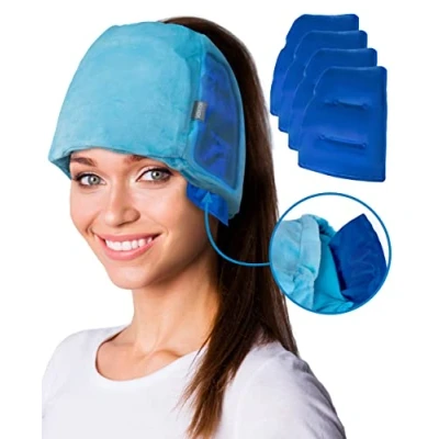Abbildung von ICEHOF Kühlmütze EXTREM Mit 4 Kühlakkus inkl. 3D Maske Haaröffnung &amp; Gummibinder, abnehmbare Kühlpads Kühlende Gel Mütze für Kopfhaut bei Chemo Therapie Ice Cap Migräne Kopfschmerzen Blau