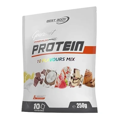 Abbildung von Best Body Nutrition Gourmet Premium Pro Protein, MIX BEUTEL, 4 Komponenten Protein Shake: Caseinat, Whey Konzentrat, Isolat, Eiprotein, 10 x 25 g Portionsbeutel (250 g)