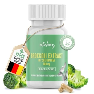 Abbildung von Vitabay Brokkoli Kapseln 500mg Extrakt 60 VEGANE Sulforaphan Hochdosiert Sulphoraphan Brokolikapseln Sulphorafan Broccoli
