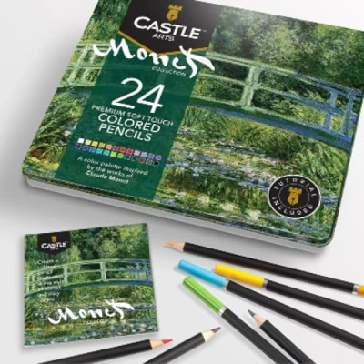 Abbildung von Castle Arts 24 themenorientierte Buntstifte in einer Metallkiste, für Kunstwerke à la Monet. Hochwertige, weiche Spitzen ideal zum Vermischen &amp; Schaffen von Dimension zauberhafte Ergebnisse
