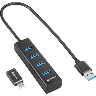 Abbildung von Sharkoon 3 Port USB 3.2 GEN 1 Aluminium Hub, RJ45 Ethernet Adapter, Schwarz