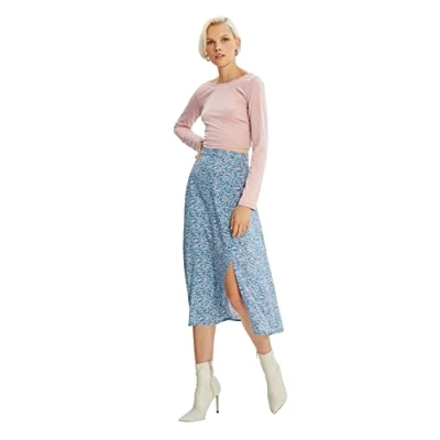 Abbildung von TRENDYOL Damen Fliesenblumenmuster Tipp Detaillierter Rock Skirt, Blau, 36 EU