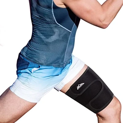 Abbildung von supregear Oberschenkelstütze, Verstellbare Oberschenkel Kompressionsmanschette Neopren Kniesehne Quad Wrap Atmungsaktive Rutschfeste Obere Beinstütze Bein schlanker für Damen Herren, Schwarz